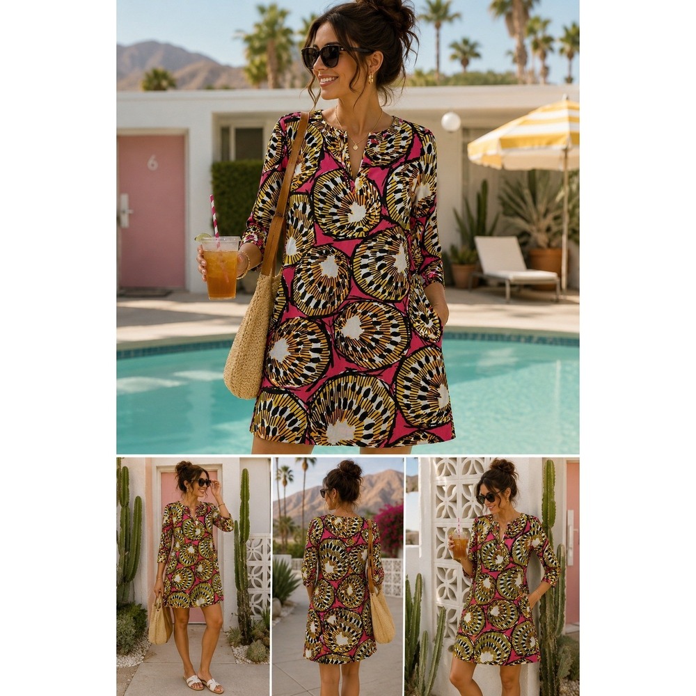 J Crew Size 8 Tropical Print Shift Dress Pockets Pink‎ Yellow Cotton Resort